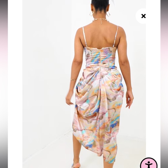 Multi Marble Print Satin Ruched Skirt Corset Detail Midi Dress size 6 - Picture 2 of 12